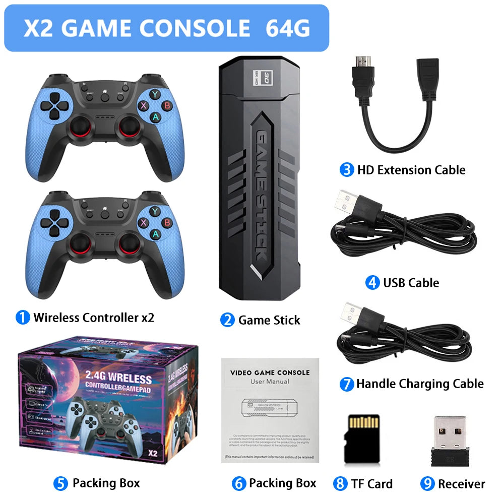 X2 256GB 4K Retro Game Stick – 60,000+ Games & 30+ Emulators with Dual Wireless Controllers