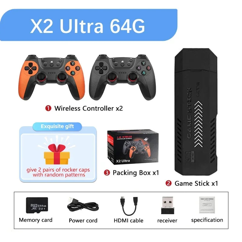 X2 Ultra 64GB 4K Retro Game Stick – 30,000+ Games with Dual Wireless Controllers