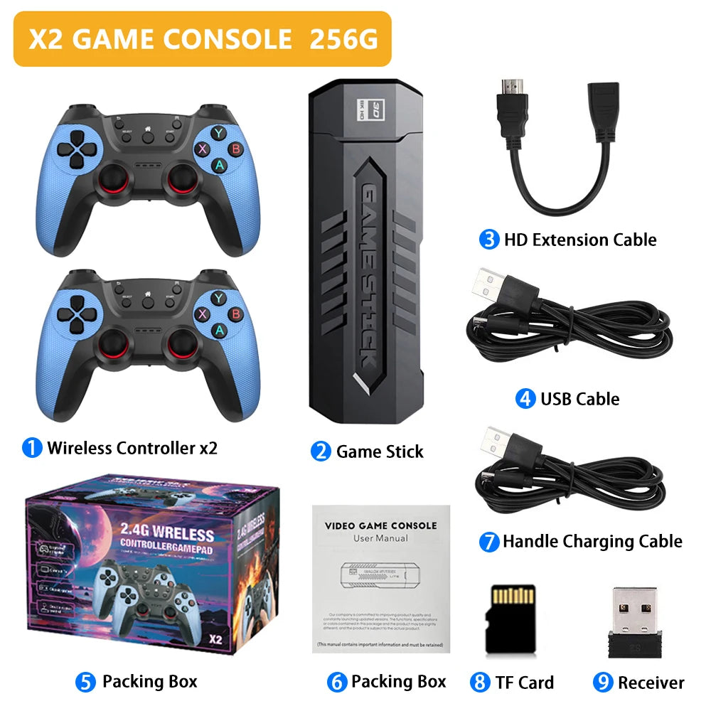 X2 256GB 4K Retro Game Stick – 60,000+ Games & 30+ Emulators with Dual Wireless Controllers